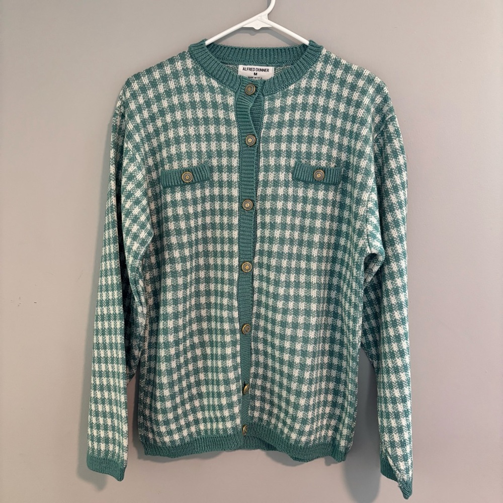 Alfred Dunner Green White Check Knit Button Cardigan Sweater Women Size M
